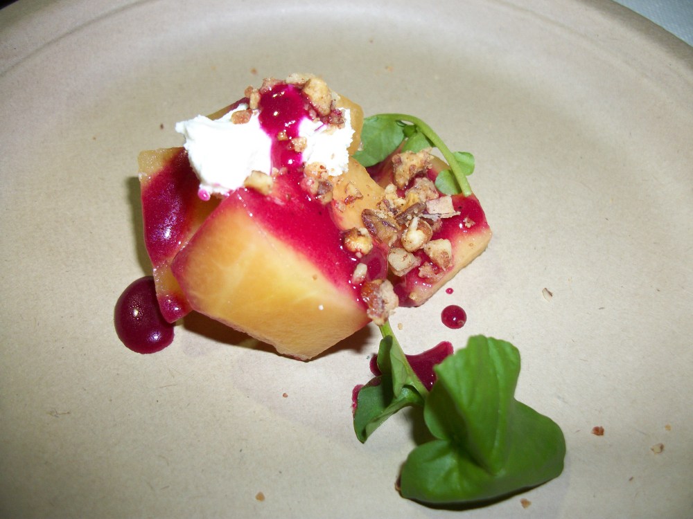 Cantaloupe & Chevre Salad with balsamic beet vinaigrette, watercress, and candied pecan crumbs by Renegade Publik House. Paired with Beetnik Beet Saison from Renegade.