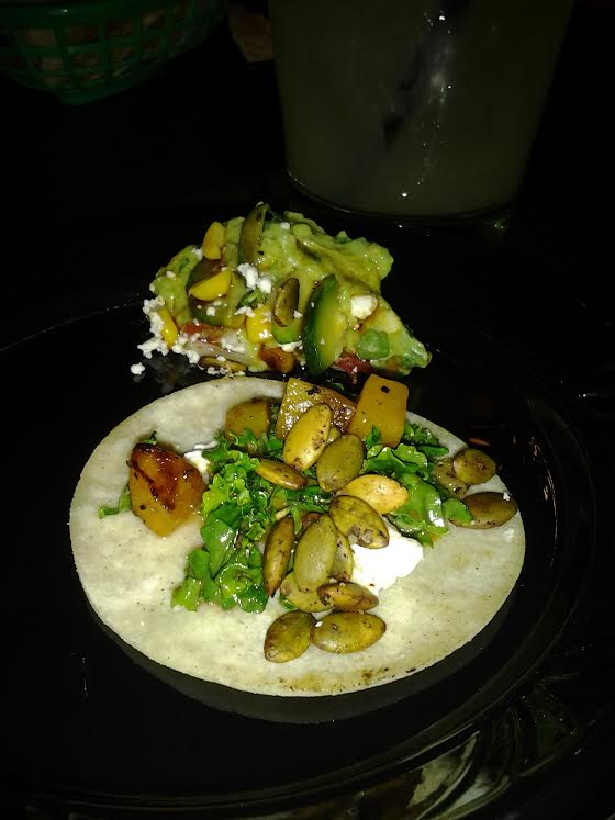 Butternut Squash Taco with kale, goat cheese, and pumpkin seeds, & Garden Guac with pumpkin seeds, tomato, corn & zucchini.