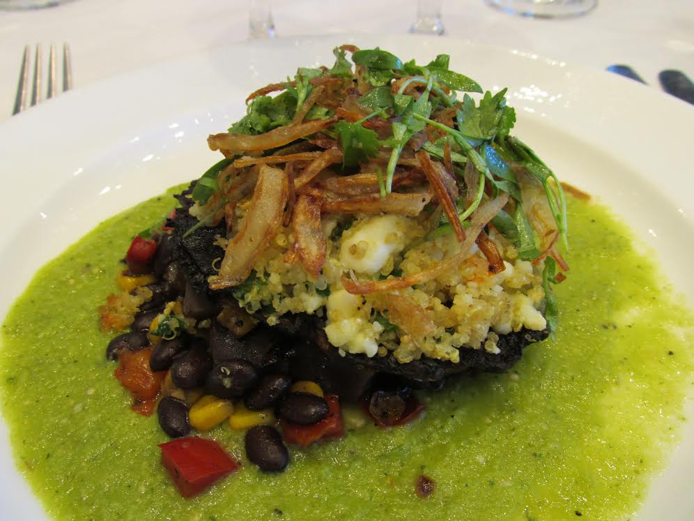 Vegetarian main course: Grilled Portobello stuffed with green chile quinoa & queso fresco, smoked tomatillo salsa verde and crispy shallot. Paired with Black Eagle Baltic Porter by Black Tooth Brewing and Old Tom Porter by Piney River Brewing.