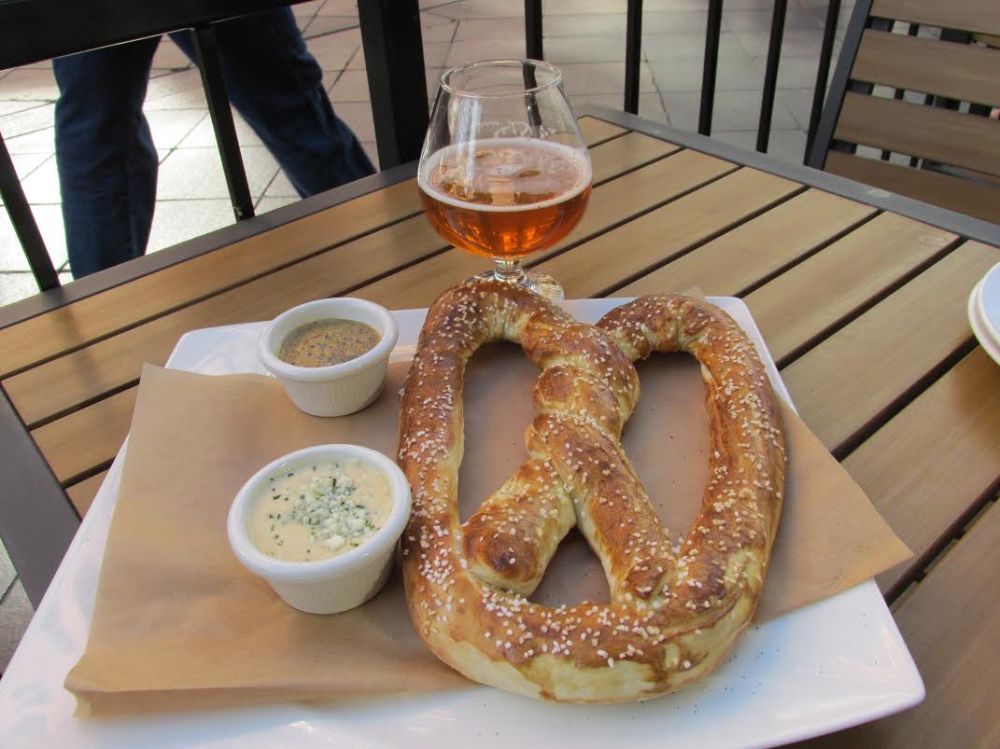 Twisted Giant Bavarian Soft Pretzel with Porter Mustard & Creamy Gorgonzola